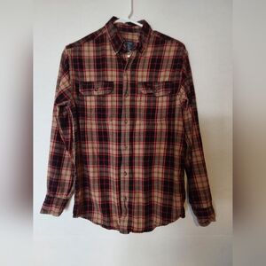 Faded Glory Flannel Shirt, Men's Beige, Red and Black Plaid Flannel, Size Small